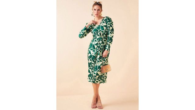 Antheaa Green Geometric Printed V‑Neck Sheath Midi Dress