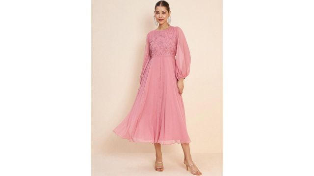 Antheaa Pink Embellished Puff Sleeves Gathered Fit & Flare Midi Dress