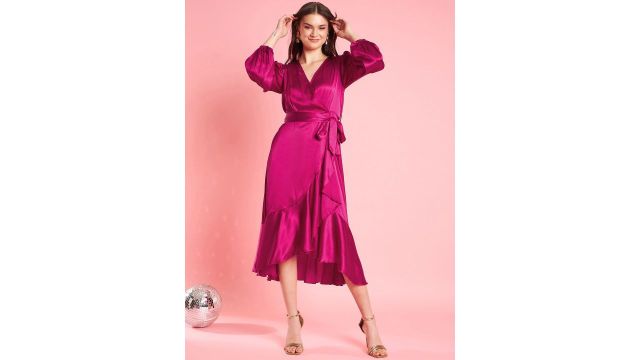 Antheaa Pink Puff Sleeve Layered Satin Wrap Midi Dress