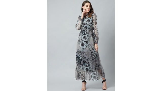Athena Grey & Black Floral Printed Maxi Dress