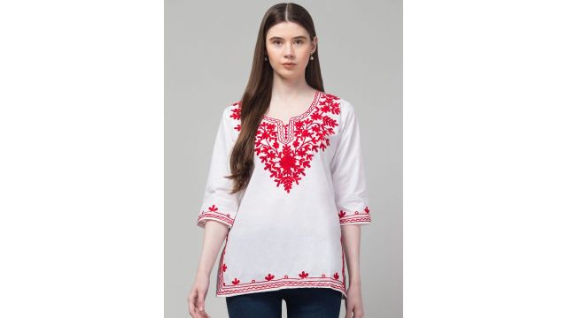 Aura Glam Pack of 2 Floral Embroidered Kurtis (White, Red/Blue Accents)