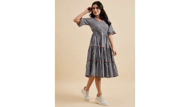 Azira Checked Cotton Empire Puff Sleeve Layered Fit & Flare Midi Dress