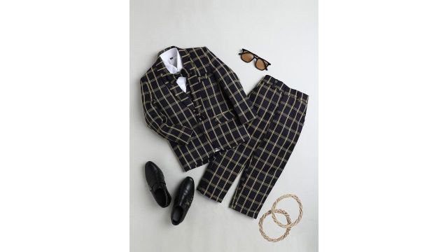 BAESD Boys Checked Silk Cotton Single Breasted 4-Pieces Suit