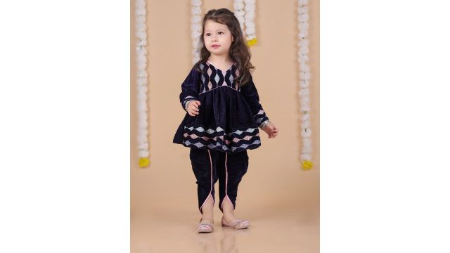 BAESD Girls Embroidered V-Neck Anarkali Velvet Kurta With Patiala