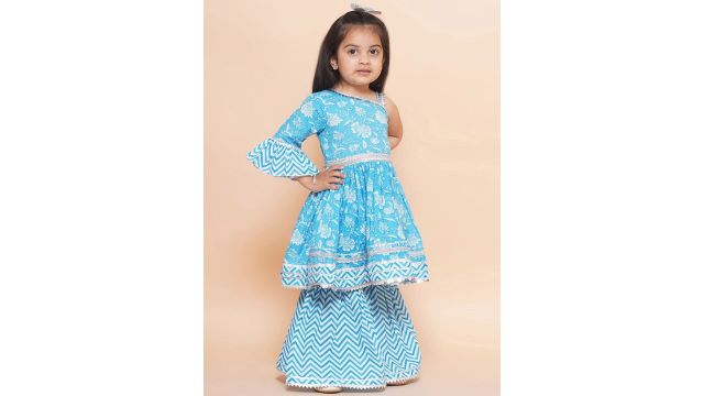 BAESD Girls Floral Printed Regular Mirror Work Pure Cotton Anarkali Kurta With Sharara