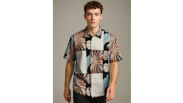 BULLMER Abstract Printed Spread‑Collar Shirt (Grey/Black)