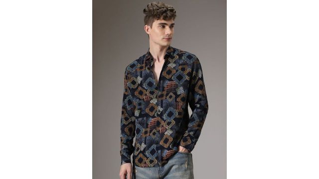 Banana Club Classic Geometric Printed Shirt (Navy, Viscose Rayon)