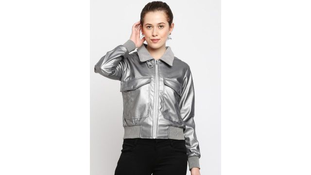 Being Human Women Silver-Toned Colourblocked Crop Biker Jacket