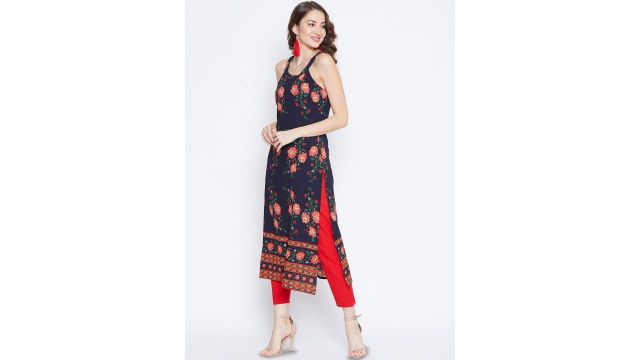 Berrylush Floral Printed Halter Neck Straight Kurta