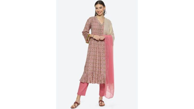Biba Plus Size Floral Printed Kurta with Trousers & Dupatta
