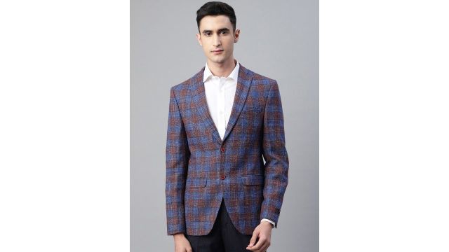 Blackberrys Men Blue & Maroon Slim Fit Checked Single-Breasted Formal Blazer