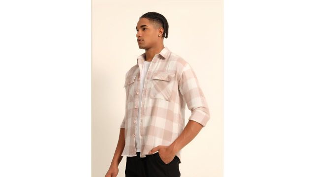 Bushirt Checked Oversized Shacket (Peach/White, Cotton Knit)