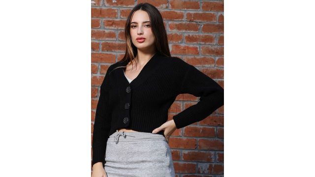 Campus Sutra Women V-Neck Ribbed Crop Cardigan