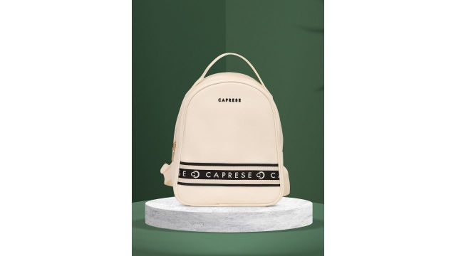 Caprese Trinity Women Medium Backpack (Cream, PU, Typographic)