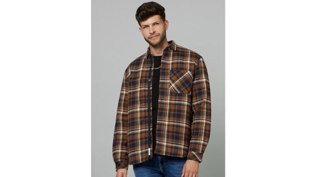 Celio Men Checked Utility Pockets Spread Collar Regular Cotton Tailored Jacket