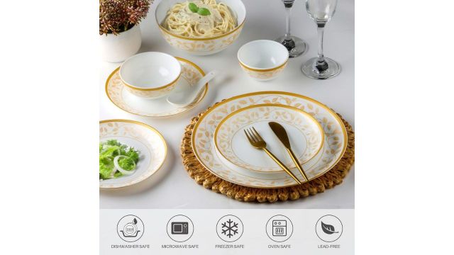Cello Opalware Divine Series Royal Amber Gold 33 Pcs Dinner Set