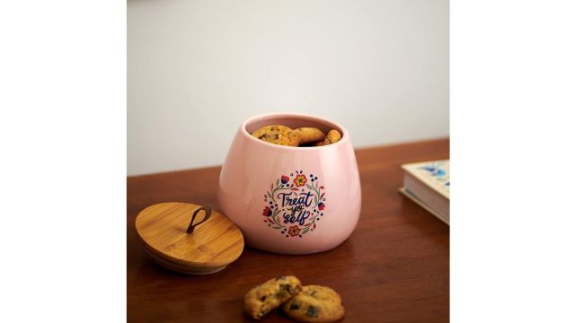Chumbak Pink Ceramic Storage Jar with Wooden Lid 1000ml