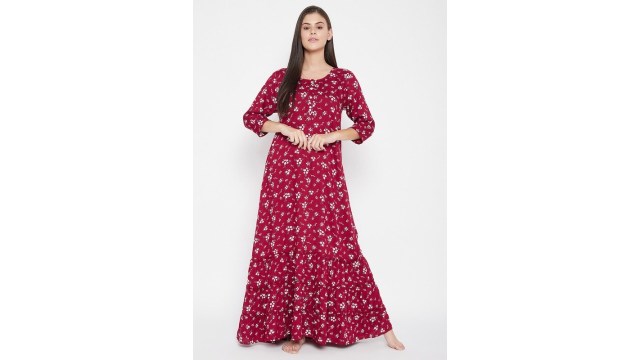 CloviaWomen Maroon & White Printed Maxi Nightdress
