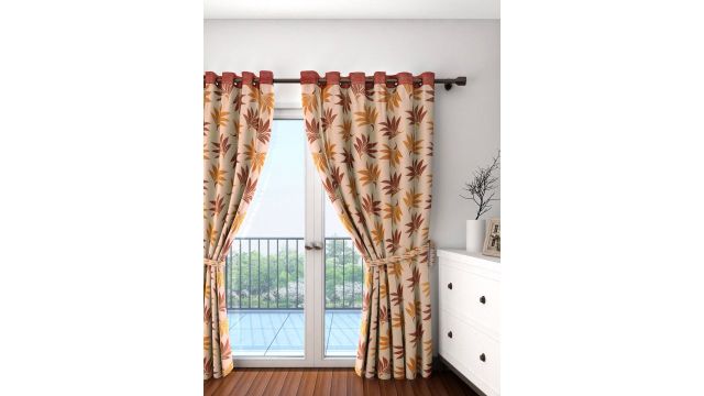 Cortina Beige & Orange Single Leaf Print Door Curtain