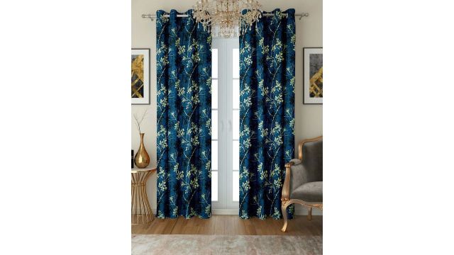 Cortina Blue & Beige Set Of 2 Floral Printed Regular Door Curtains