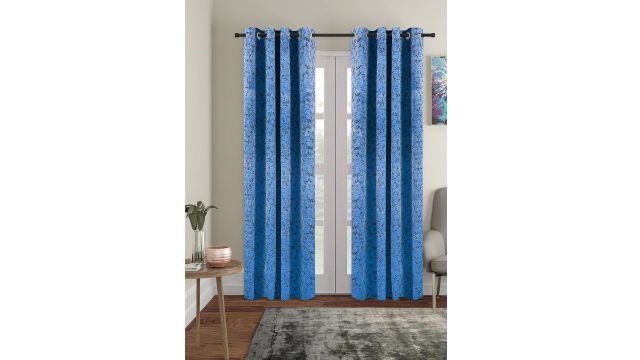 Cortina Blue & Black 2 Pieces Printed Room Darkening Velvet Long Door Curtains