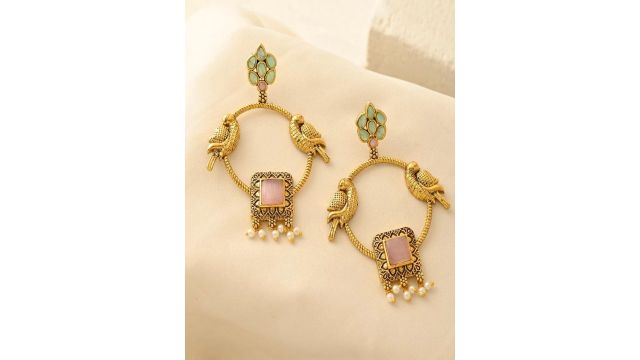 DASTOOR Gold-Plated Artificial Stones Studded and Beaded Circular Drop Earrings