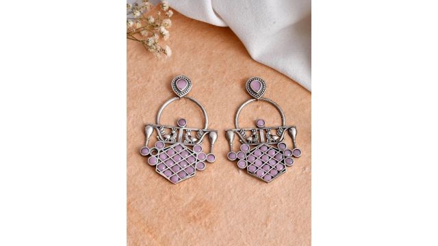 DASTOOR Silver-Plated Stone-Studded Silver Contemporary Oxidised Drop Earrings