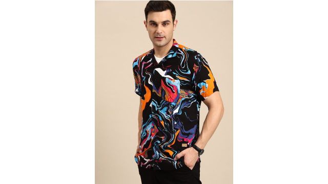 DENNISON Abstract Block Printed Cuban Shirt (Black)