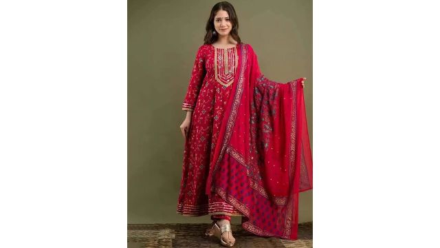 DIVASTRI Women Ethnic Print Embroidered Regular Pure Cotton Kurta With Trousers & Dupatta