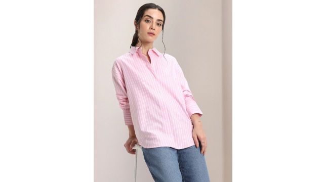 DL Woman Oversized Vertical Striped Oxford Cotton Shirt