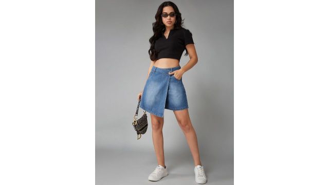 DOLCE CRUDO High‑Rise Clean‑Look Denim Skorts (Blue)