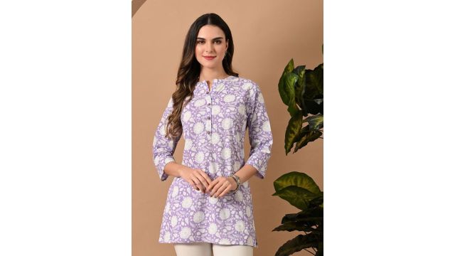 DORIYA Women Floral Printed Straight Kurti (Purple/White)