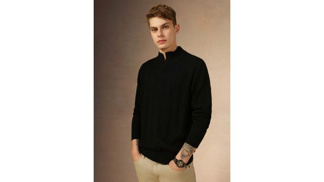 Dennis Lingo Cable‑Knit Mock‑Collar Slim Fit Pullover (Black)