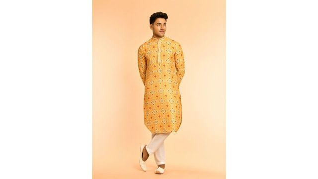 Diwas by Manyavar Men Ethnic Motifs Printed Kurta with Mirror Work (Yellow)
