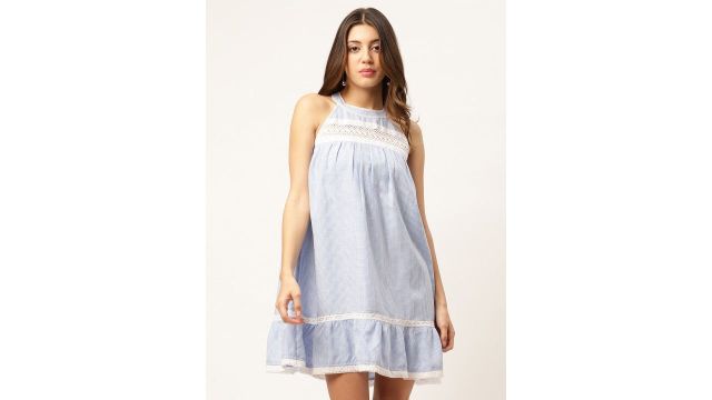 ELLE Blue Checked Sleeveless A-Line Dress