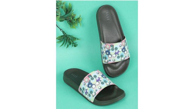 ELLE Women Green & Black Printed Sliders Flip Flops
