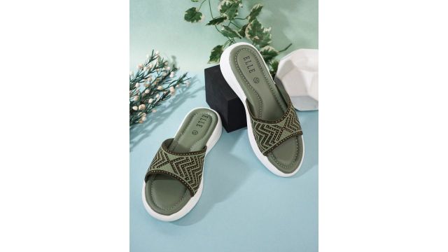 ELLE Women Green & White Embellished Sliders