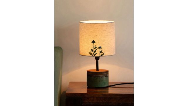 ExclusiveLane Off White & Green Dainty Flowers Printed Cylindrical Table Lamp