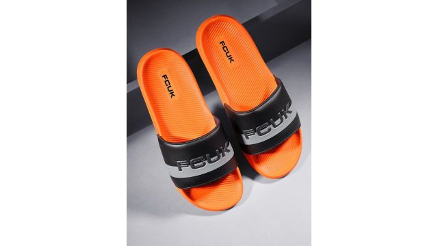 FCUK Men Brand Name Detailing Striped Sliders