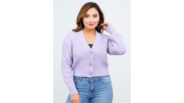 FEVERFEW Women Ribbed Woollen Cardigan (Lavender)