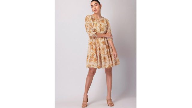 FabAlley Floral Puff Sleeved Georgette Dress