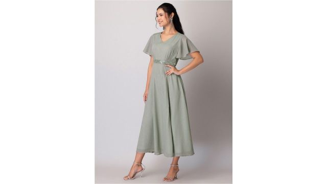 FabAlley Sea Green Sequin Embellished Waist Flared Sleeves Georgette A-Line Dress