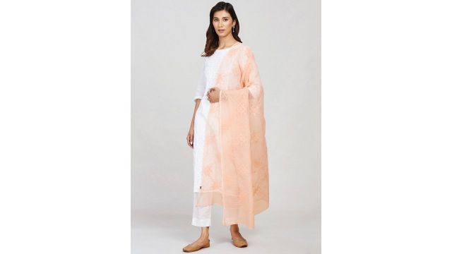 FabIndia Ethnic Motifs Chikankari Embroidered Cotton Silk Dupatta