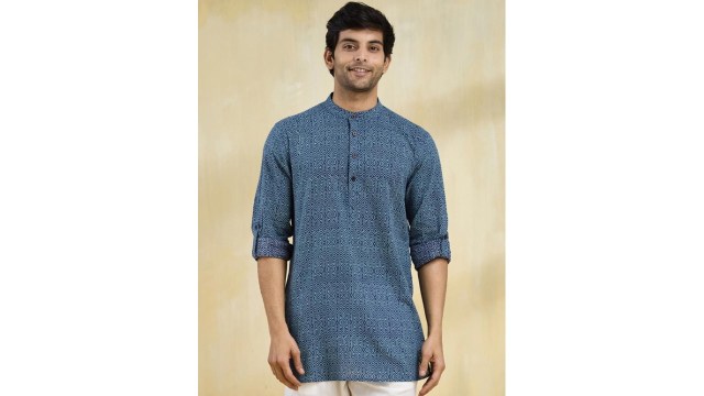 FabindiaMen Ethnic Motifs Printed Band Collar Hand Block Cotton Straight Kurta