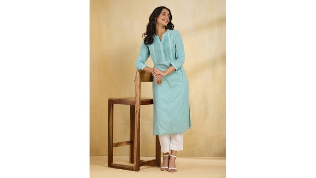 FabindiaSolid Mandarin Collar Cotton Straight Kurta
