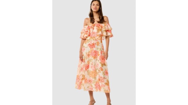 Forever NewFloral Printed Off-Shoulder Flutter Sleeve A-Line Midi Dress