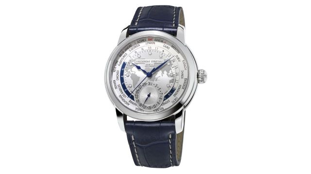 Frederique ConstantMen Silver-Toned & Navy Blue Worldtimer Analogue Watch FC-718WM4H6