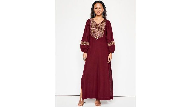 Global Desi Ethnic Motif Embroidered V-Neck Maxi Ethnic Dress