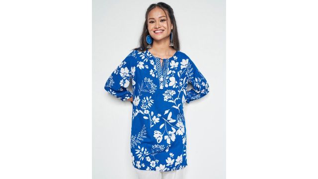 Global Desi Floral Printed Keyhole Neck Tunic