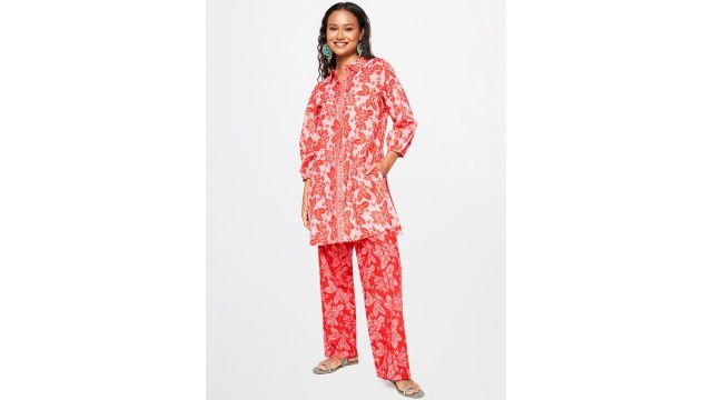 Global Desi Floral Printed Shirt Collar Pure Cotton Kurta With Trouser